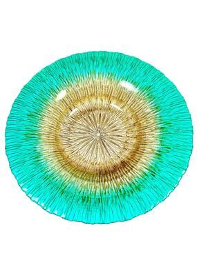 Decorative Crackle Sunburst Serving Bowl Turquoise Gold Brown 15" Art Glass